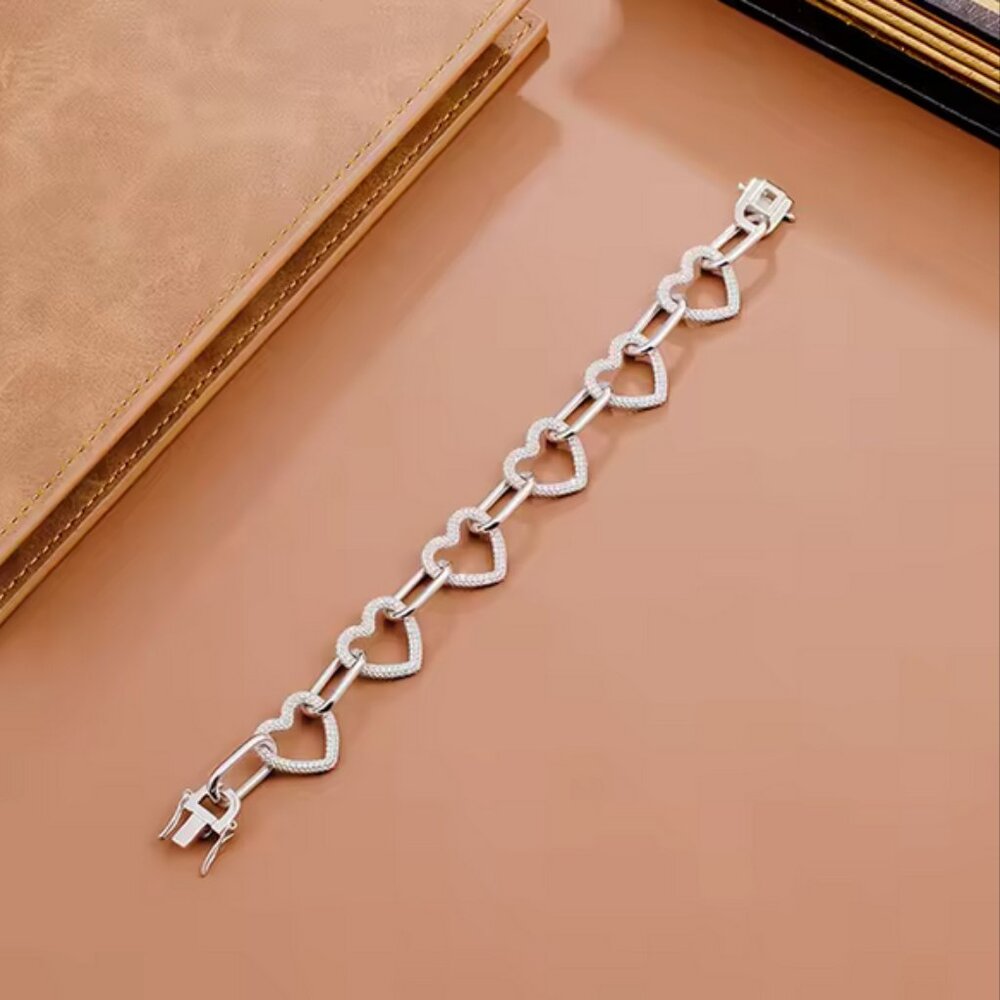 All Moissanite Bracelet Fully Ice Heart Link, 7" - Picture 5 of 9